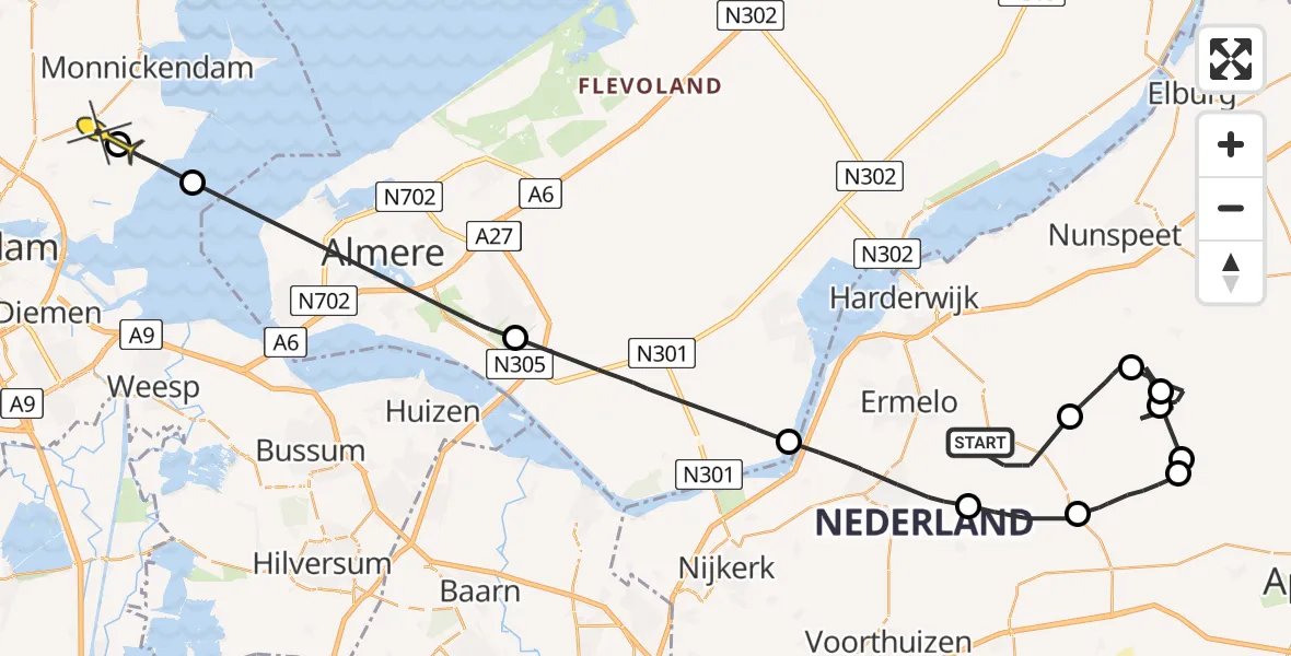 Routekaart van de vlucht: Politiehelikopter naar Broek in Waterland