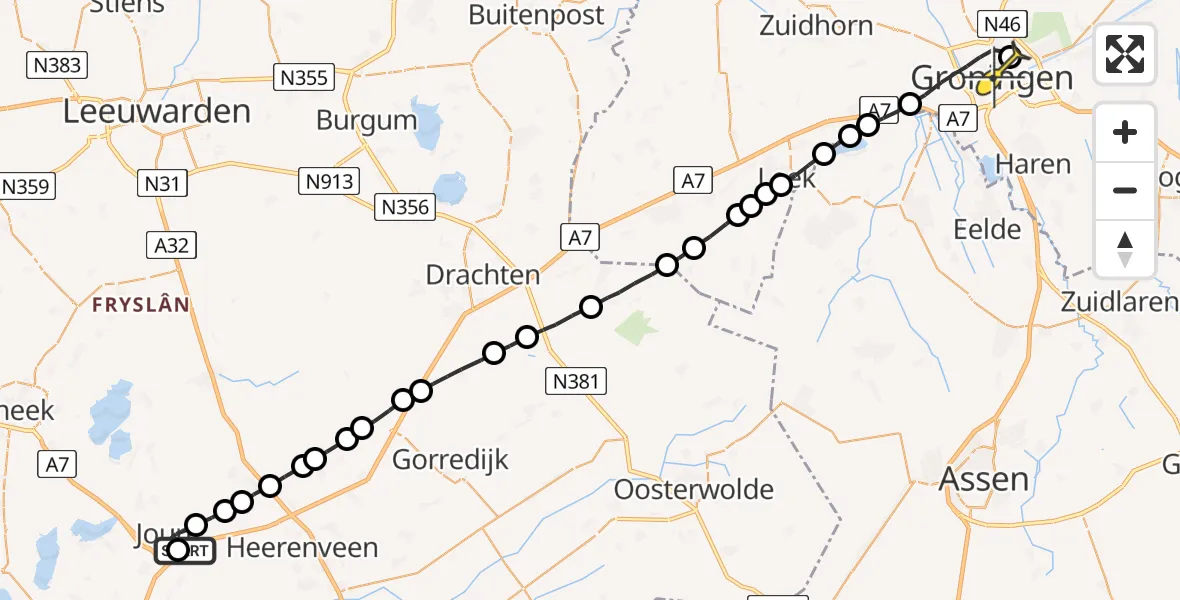 Routekaart van de vlucht: Lifeliner 4 naar Universitair Medisch Centrum Groningen