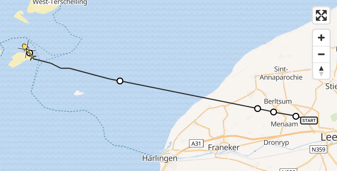 Routekaart van de vlucht: Ambulancehelikopter naar Vlieland