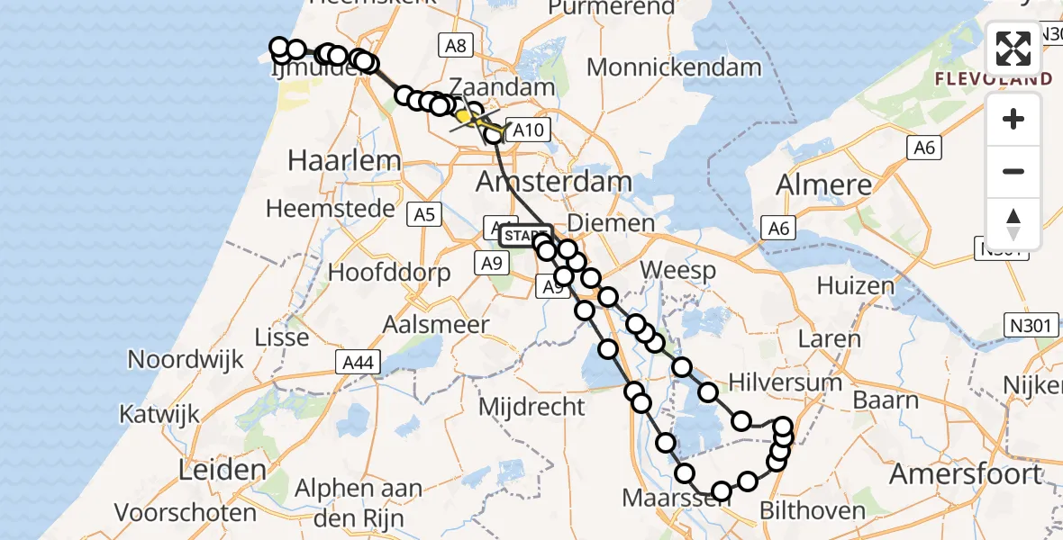 Routekaart van de vlucht: Lifeliner 1 naar Amsterdam Heliport