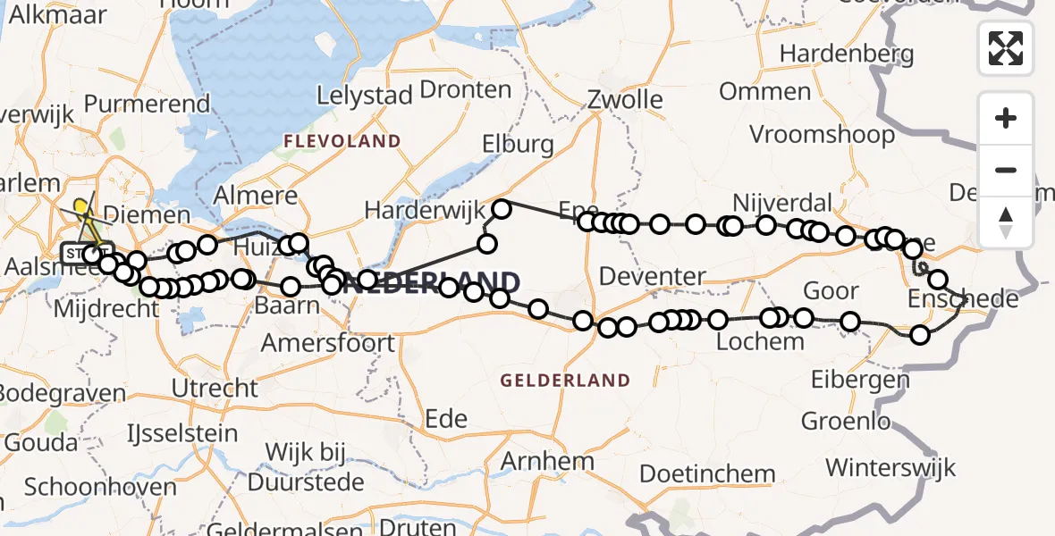 Routekaart van de vlucht: Politieheli naar Amsterdam