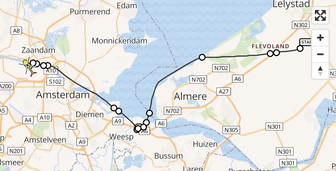 Routekaart van de vlucht: Traumaheli naar Amsterdam Heliport