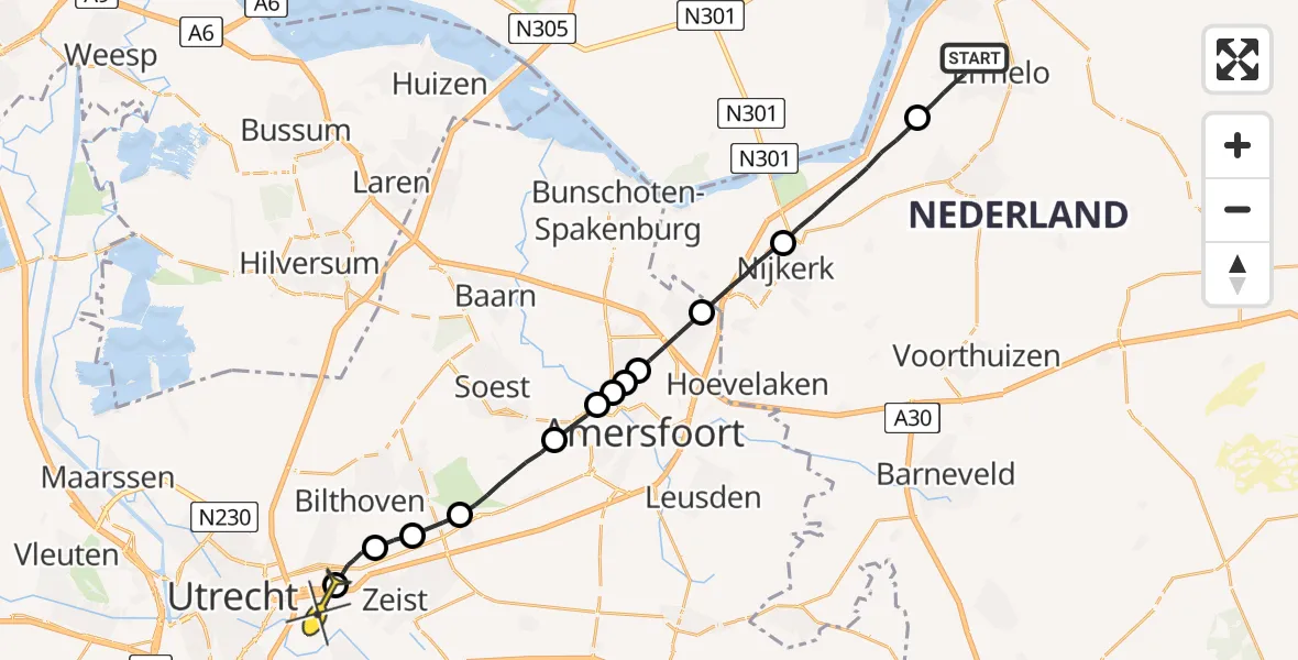 Routekaart van de vlucht: Lifeliner 3 naar Universitair Medisch Centrum Utrecht