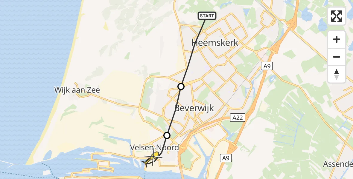 Routekaart van de vlucht: Politieheli naar Velsen-Noord