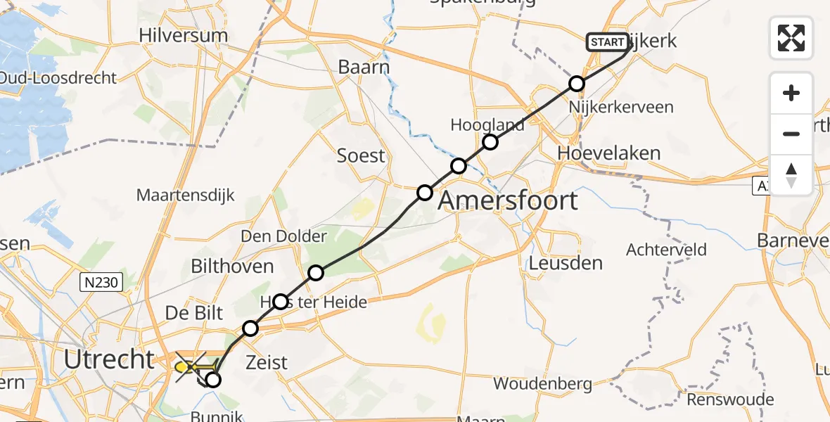 Routekaart van de vlucht: Lifeliner 1 naar Universitair Medisch Centrum Utrecht