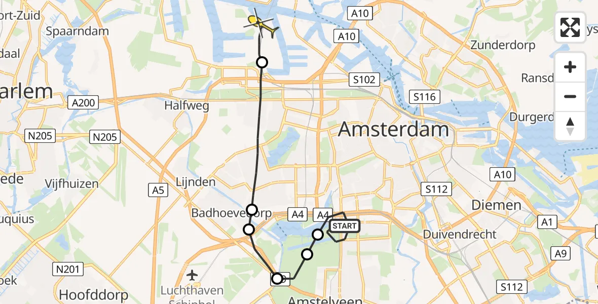 Routekaart van de vlucht: Lifeliner 1 naar Amsterdam Heliport