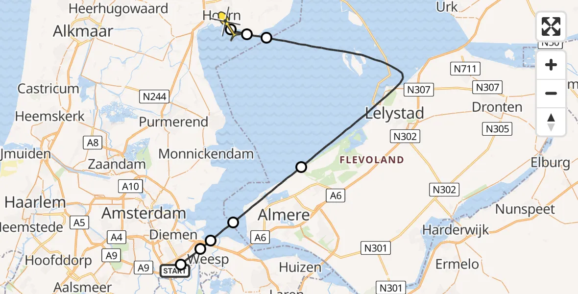 Routekaart van de vlucht: Lifeliner 1 naar Hoorn