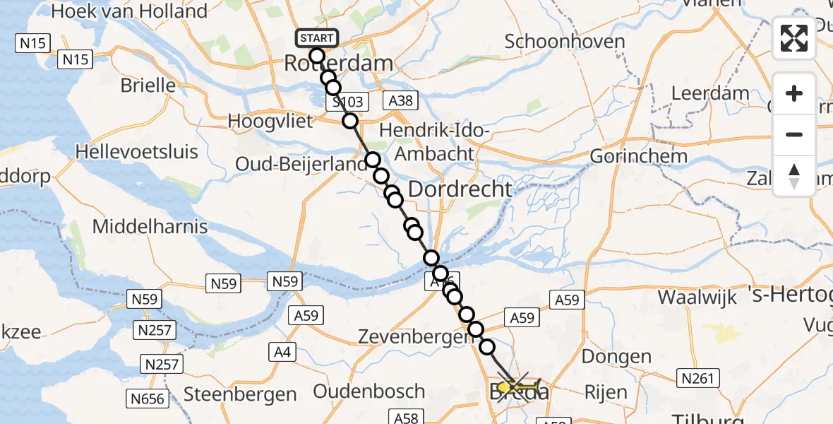 Routekaart van de vlucht: Lifeliner 2 naar Breda