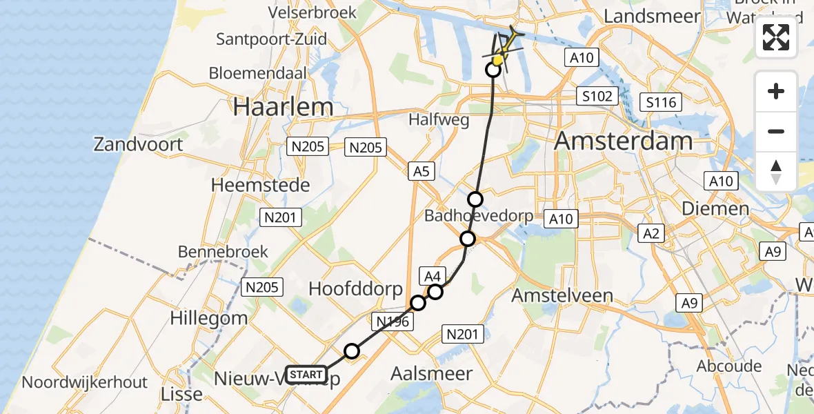 Routekaart van de vlucht: Lifeliner 1 naar Amsterdam Heliport