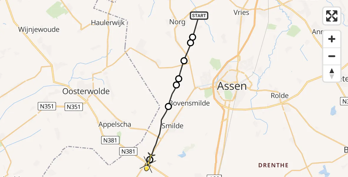 Routekaart van de vlucht: Ambulanceheli naar Hoogersmilde