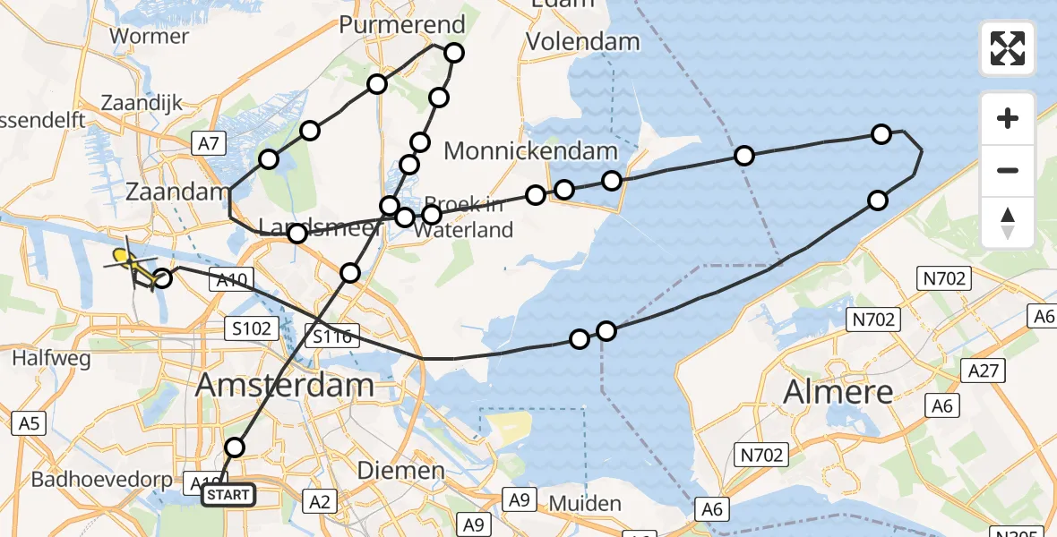 Routekaart van de vlucht: Lifeliner 1 naar Amsterdam Heliport