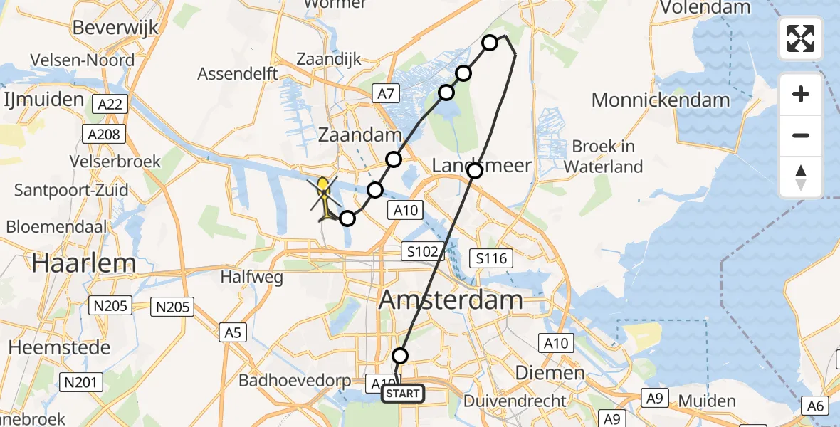 Routekaart van de vlucht: Lifeliner 1 naar Amsterdam Heliport