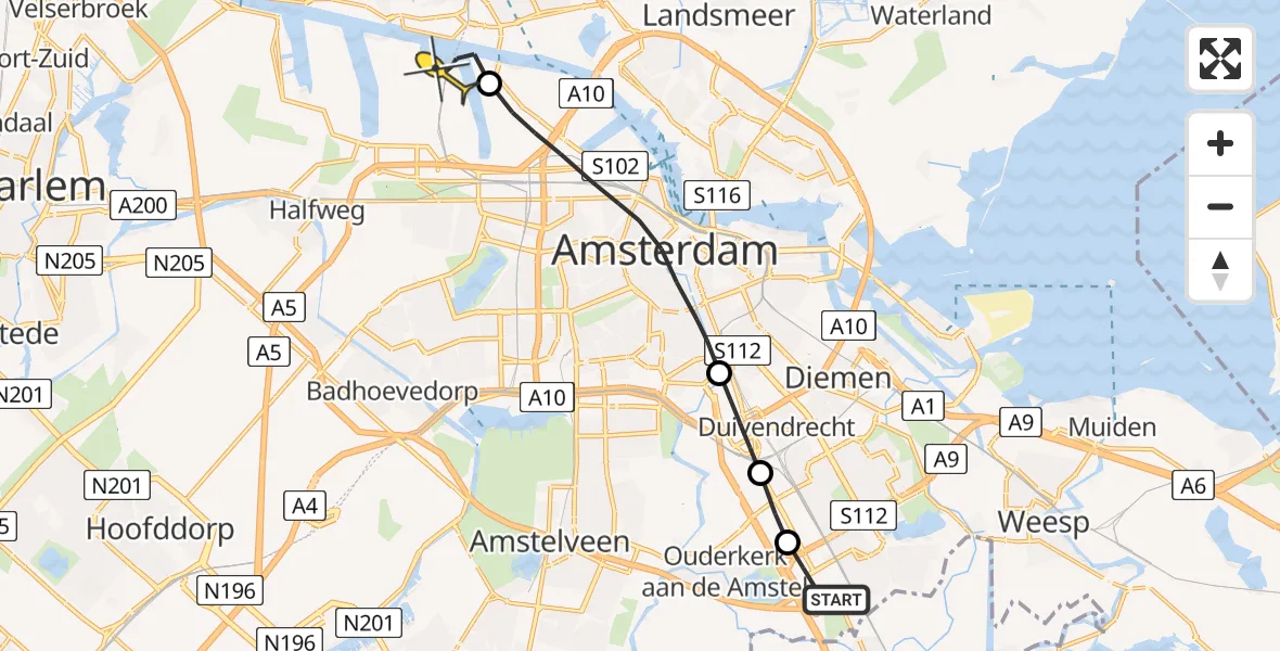 Routekaart van de vlucht: Lifeliner 1 naar Amsterdam Heliport