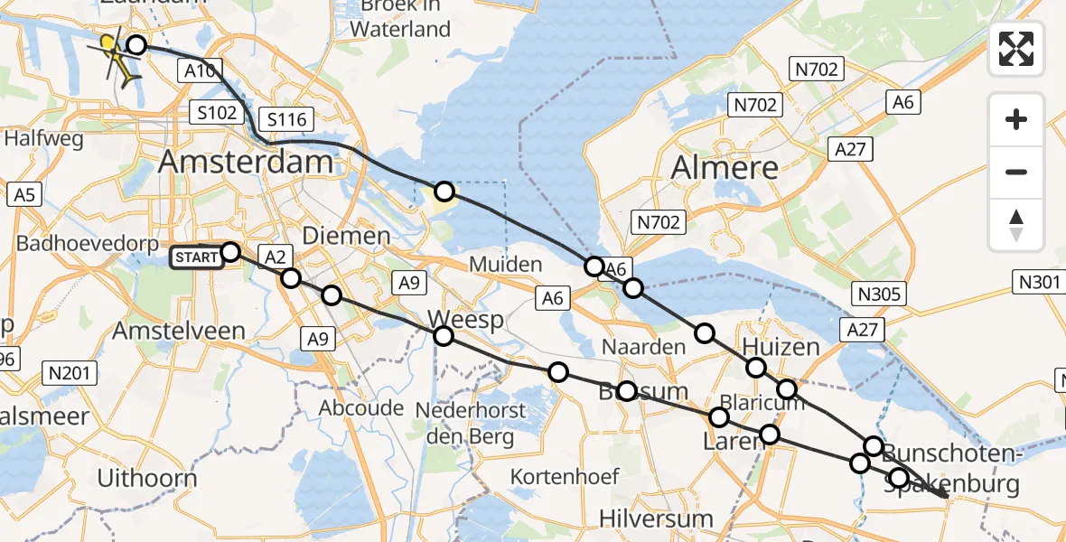Routekaart van de vlucht: Lifeliner 1 naar Amsterdam Heliport