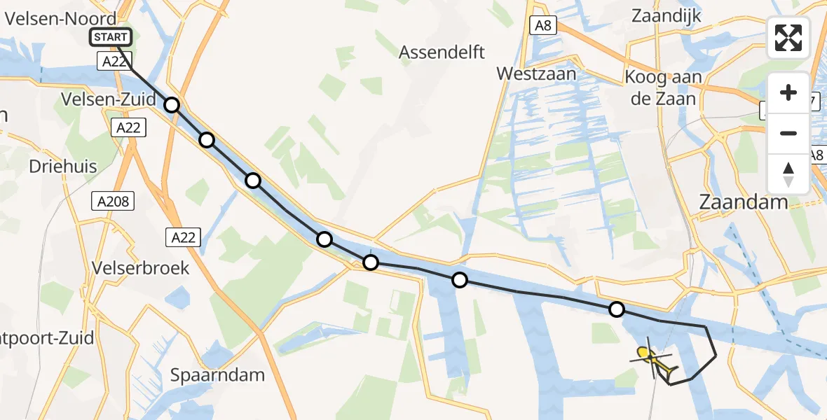 Routekaart van de vlucht: Lifeliner 1 naar Amsterdam Heliport