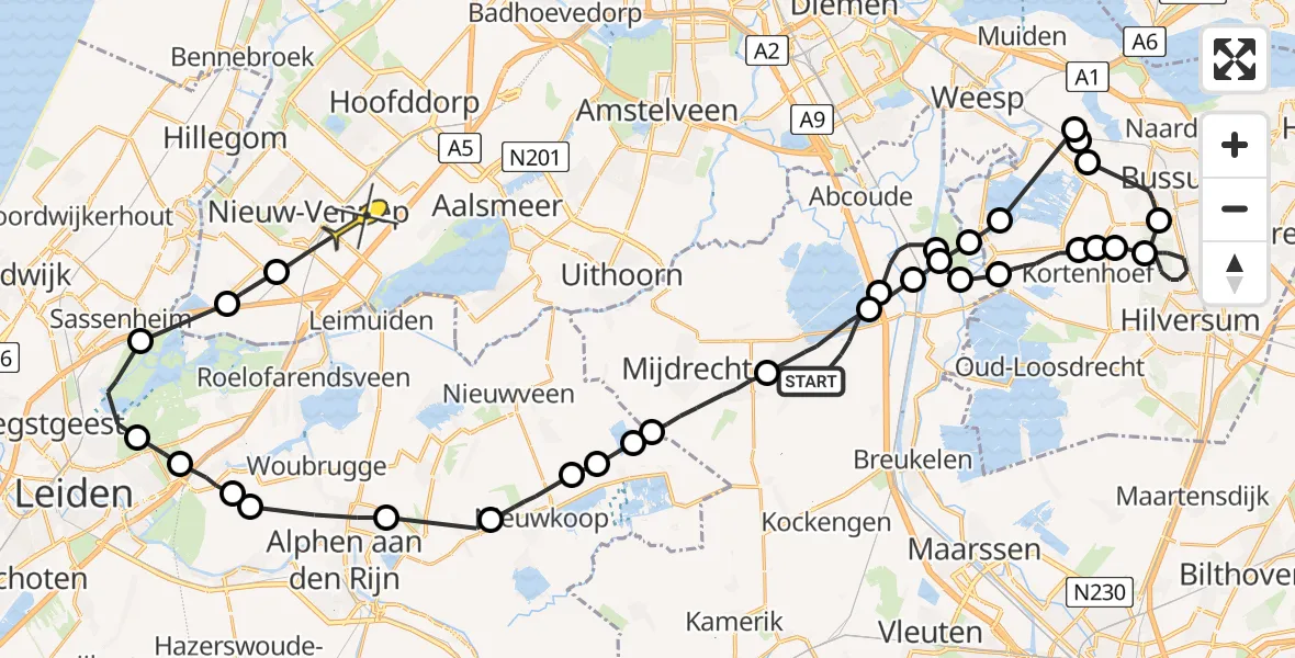 Routekaart van de vlucht: Politieheli naar Nieuw-Vennep