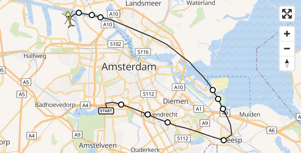 Routekaart van de vlucht: Lifeliner 1 naar Amsterdam Heliport