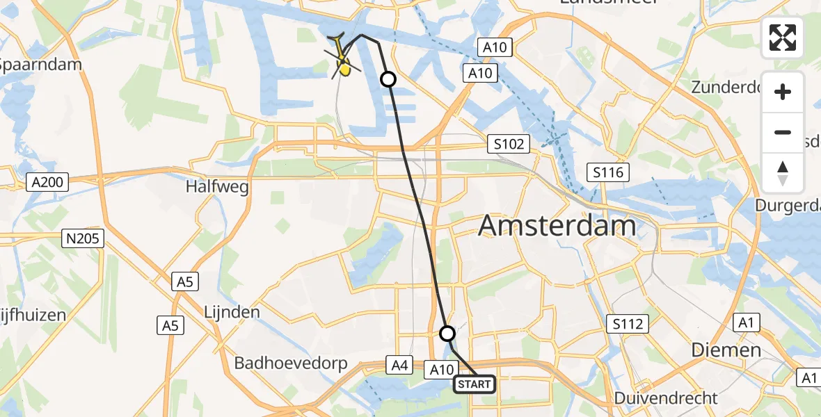 Routekaart van de vlucht: Lifeliner 1 naar Amsterdam Heliport
