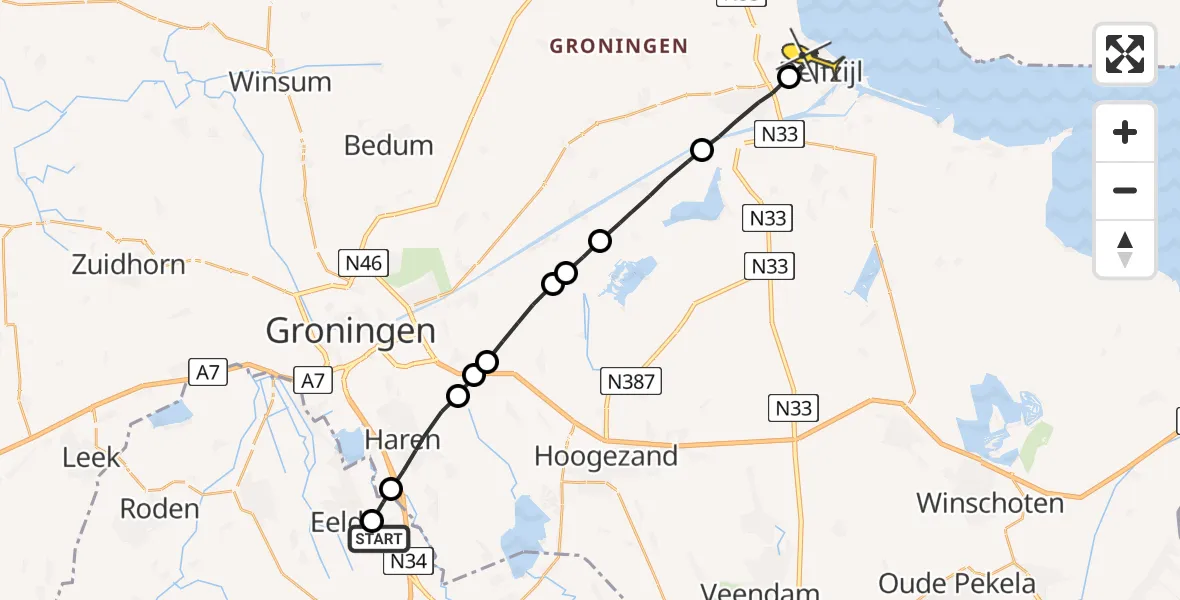 Routekaart van de vlucht: Lifeliner 4 naar Delfzijl