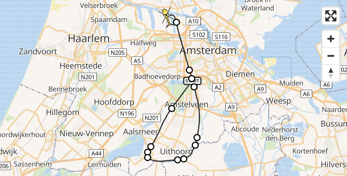 Routekaart van de vlucht: Lifeliner 1 naar Amsterdam Heliport