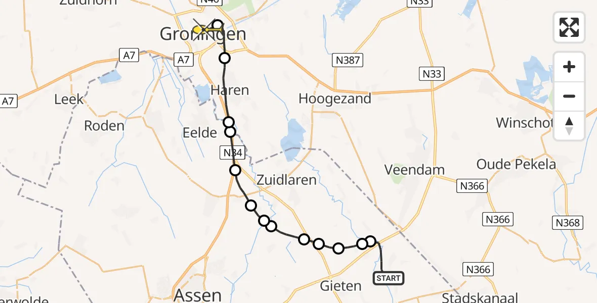 Routekaart van de vlucht: Lifeliner 4 naar Universitair Medisch Centrum Groningen