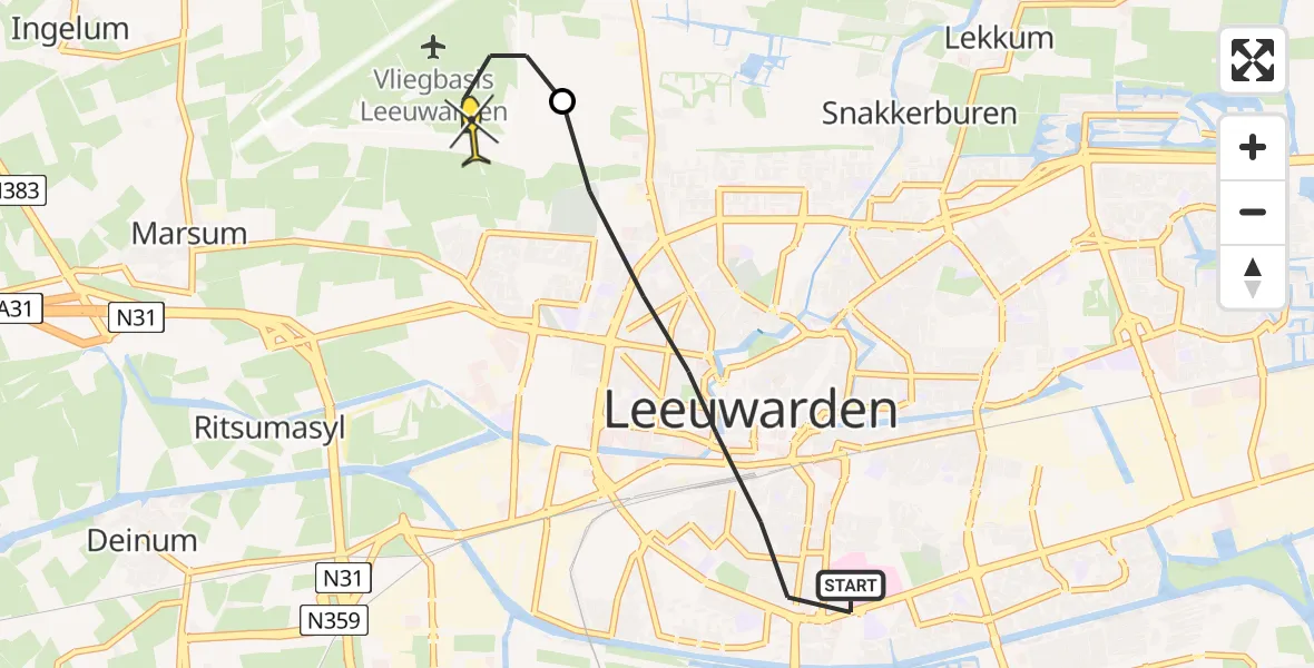 Routekaart van de vlucht: Lifeliner 1 naar Vliegbasis Leeuwarden