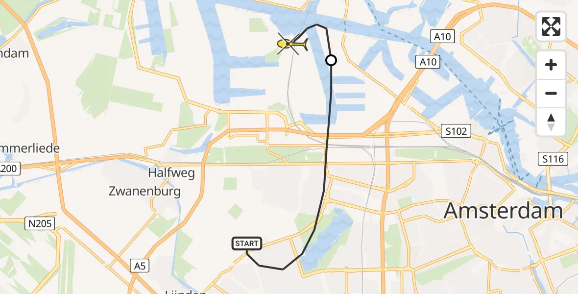 Routekaart van de vlucht: Lifeliner 1 naar Amsterdam Heliport