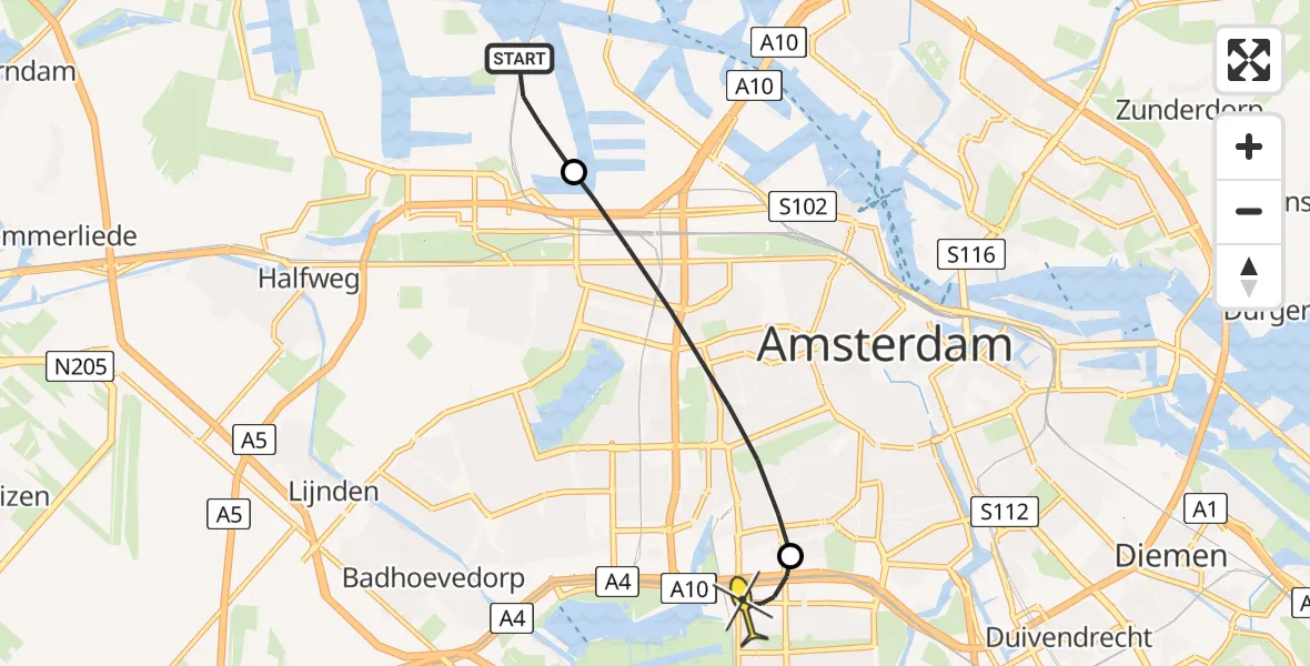 Routekaart van de vlucht: Lifeliner 1 naar VU Medisch Centrum Amsterdam