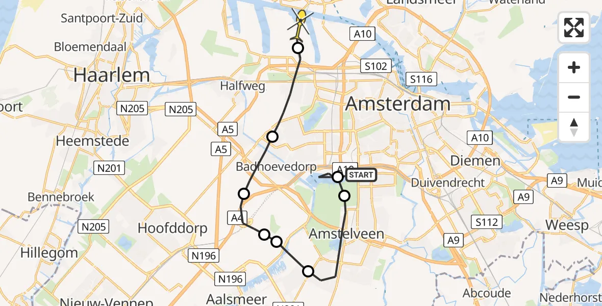 Routekaart van de vlucht: Lifeliner 1 naar Amsterdam Heliport