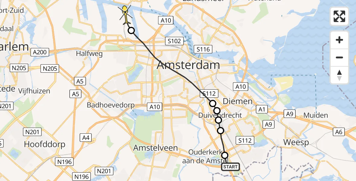 Routekaart van de vlucht: Lifeliner 1 naar Amsterdam Heliport