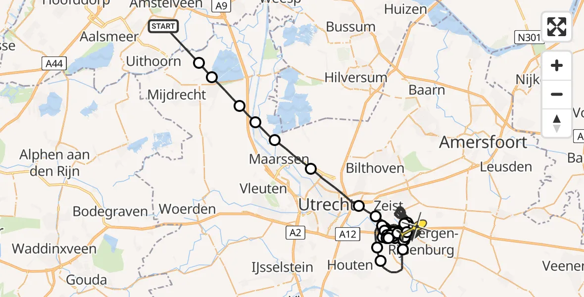 Routekaart van de vlucht: Politieheli naar Driebergen-Rijsenburg