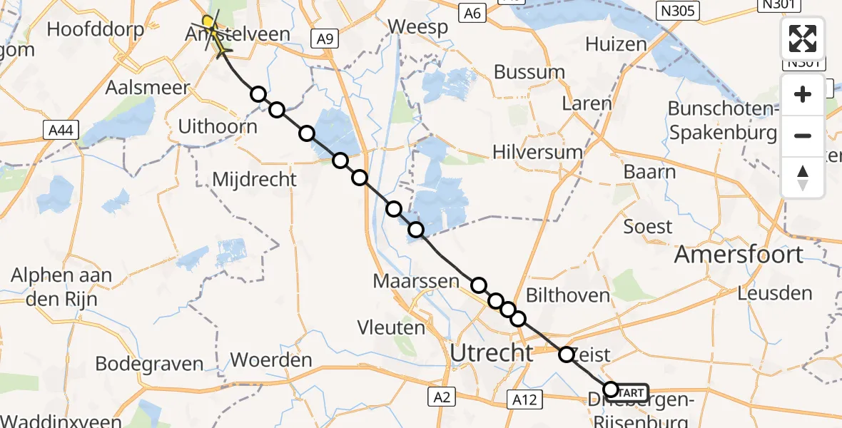 Routekaart van de vlucht: Politieheli naar Amstelveen