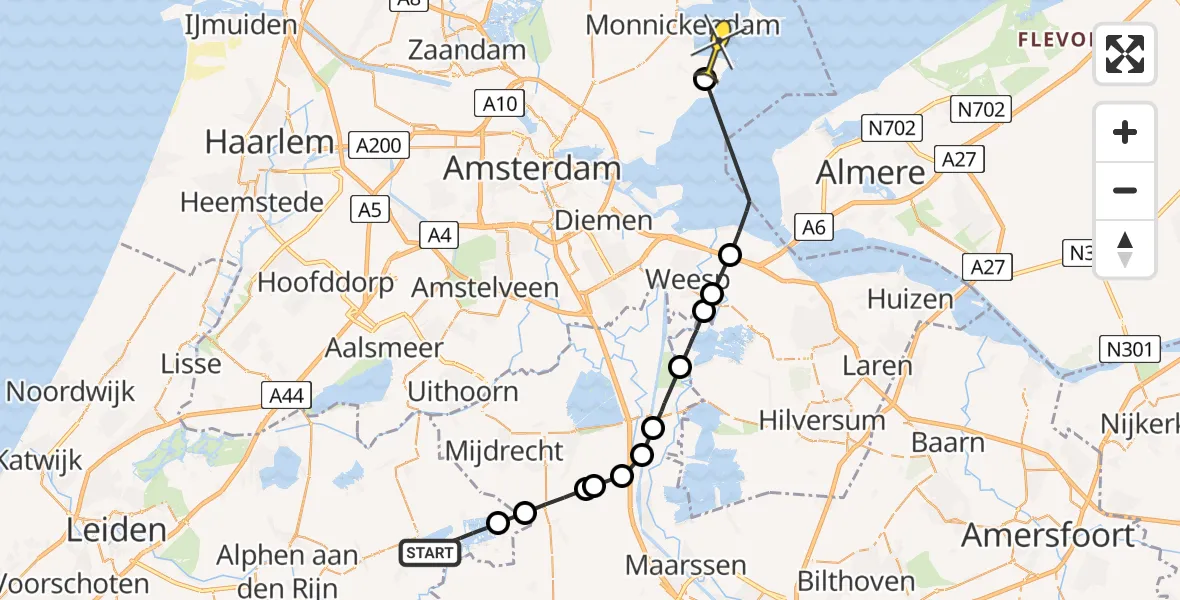 Routekaart van de vlucht: Politieheli naar Monnickendam