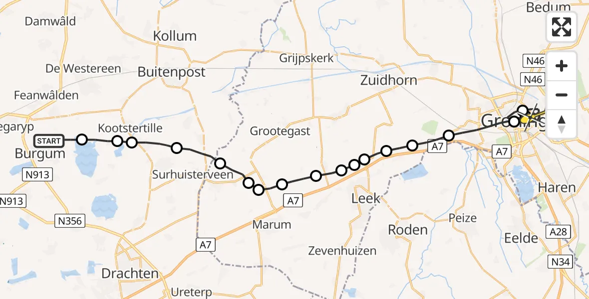 Routekaart van de vlucht: Lifeliner 4 naar Universitair Medisch Centrum Groningen
