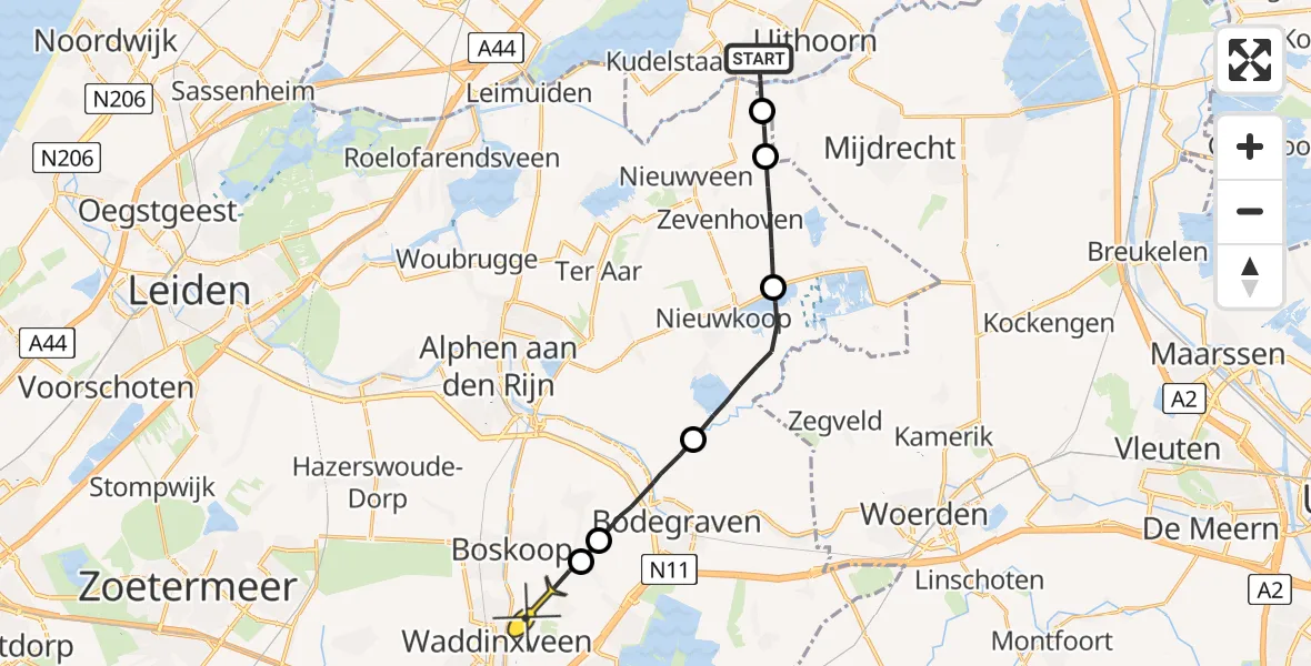 Routekaart van de vlucht: Politiehelikopter naar Reeuwijk