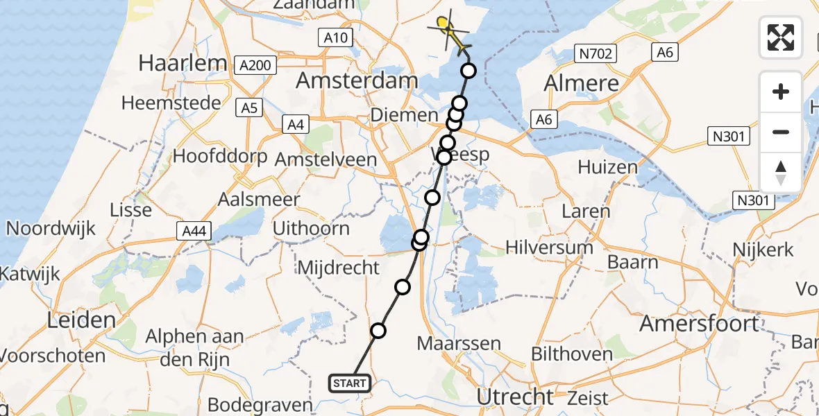 Routekaart van de vlucht: Politiehelikopter naar Amsterdam