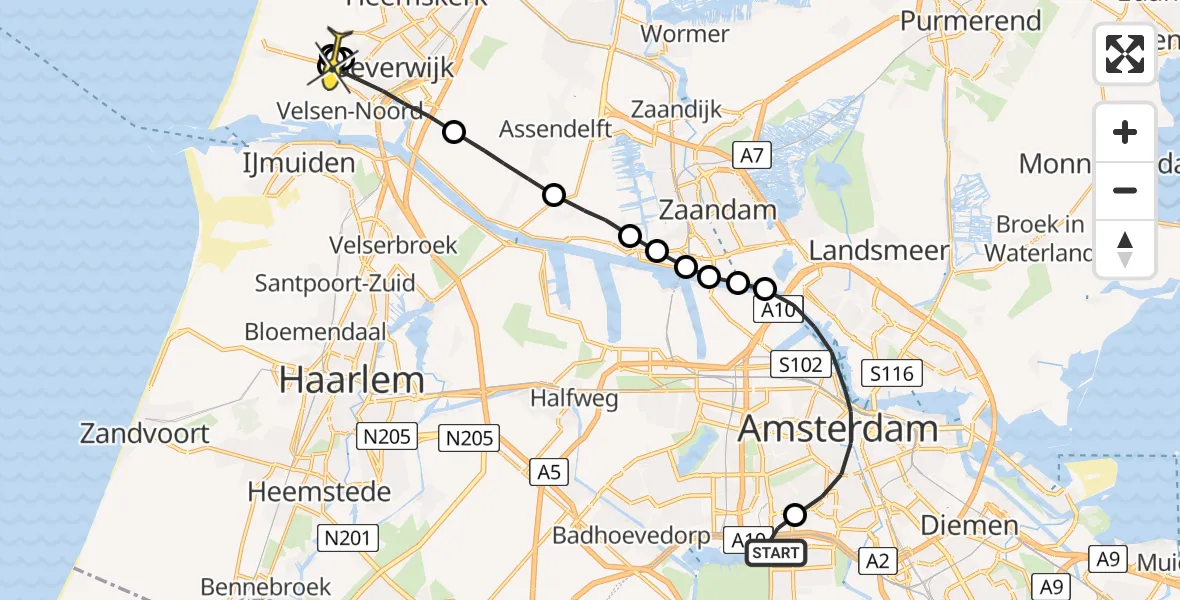 Routekaart van de vlucht: Lifeliner 1 naar Beverwijk