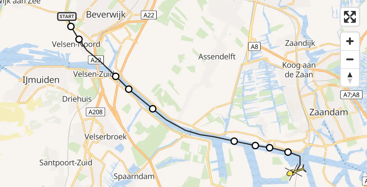 Routekaart van de vlucht: Lifeliner 1 naar Amsterdam Heliport