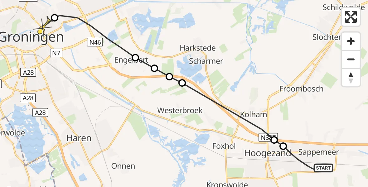 Routekaart van de vlucht: Lifeliner 4 naar Universitair Medisch Centrum Groningen