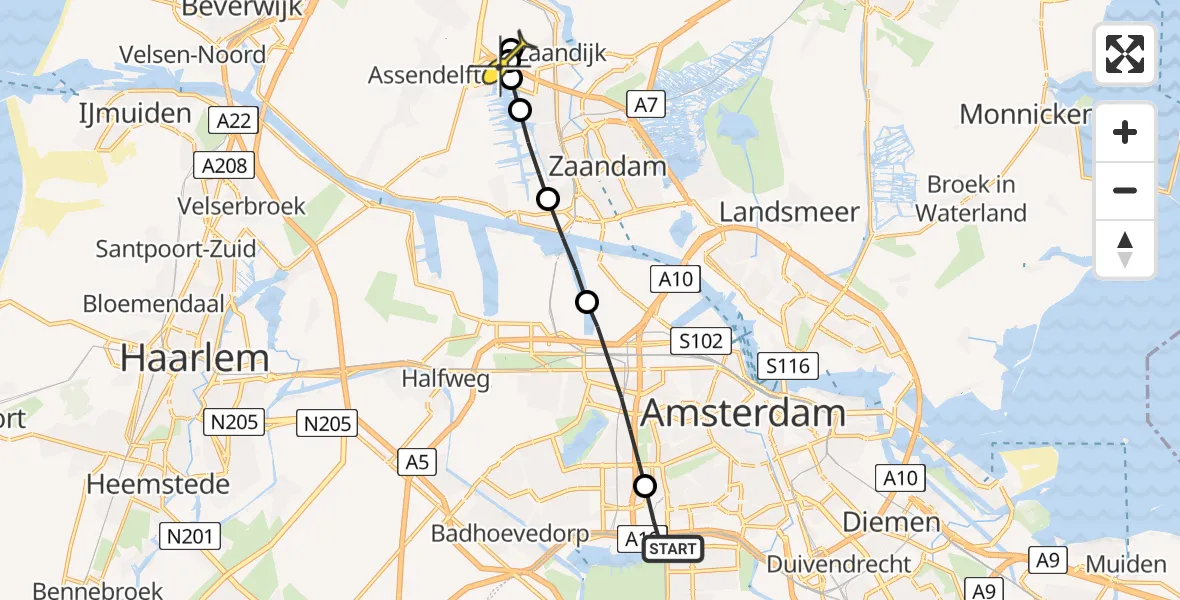 Routekaart van de vlucht: Lifeliner 1 naar Westzaan