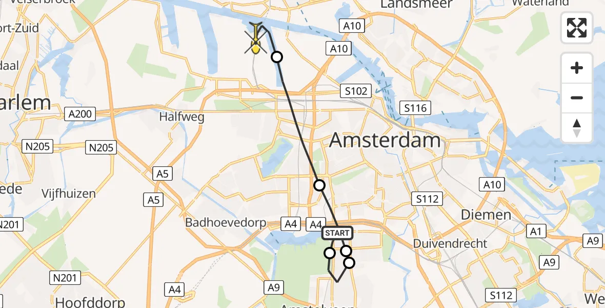 Routekaart van de vlucht: Lifeliner 1 naar Amsterdam Heliport