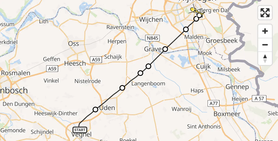 Routekaart van de vlucht: Lifeliner 3 naar Radboud Universitair Medisch Centrum