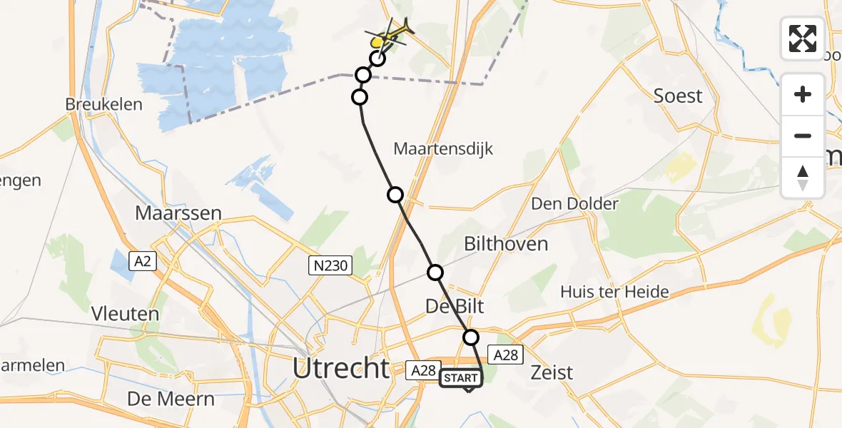 Routekaart van de vlucht: Lifeliner 1 naar Vliegveld Hilversum