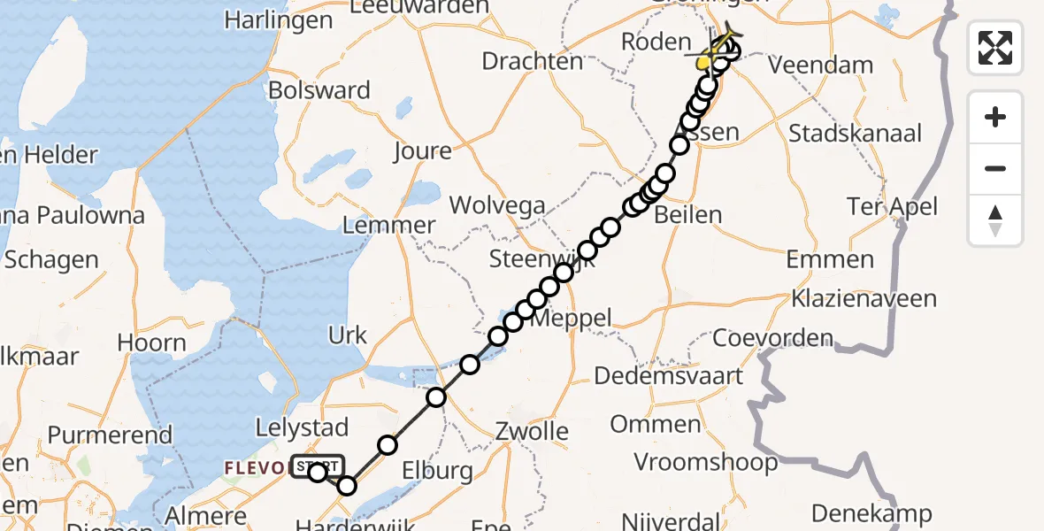 Routekaart van de vlucht: Traumahelikopter naar Groningen Airport Eelde