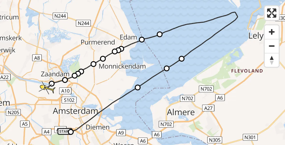 Routekaart van de vlucht: Lifeliner 1 naar Amsterdam Heliport