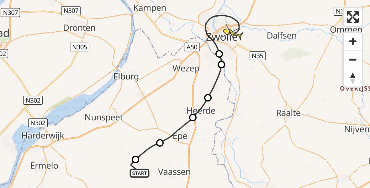 Routekaart van de vlucht: Traumaheli naar Zwolle