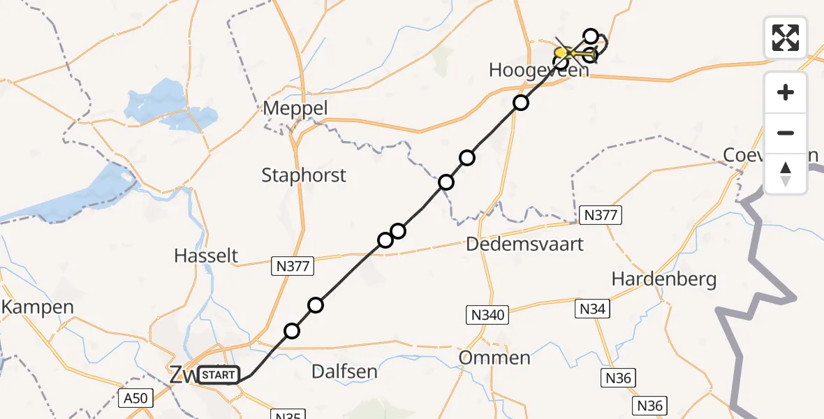 Routekaart van de vlucht: Traumaheli naar Vliegveld Hoogeveen