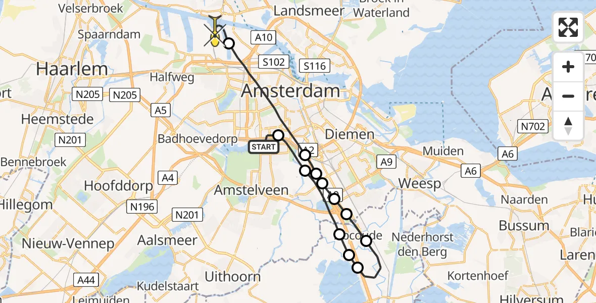 Routekaart van de vlucht: Lifeliner 1 naar Amsterdam Heliport