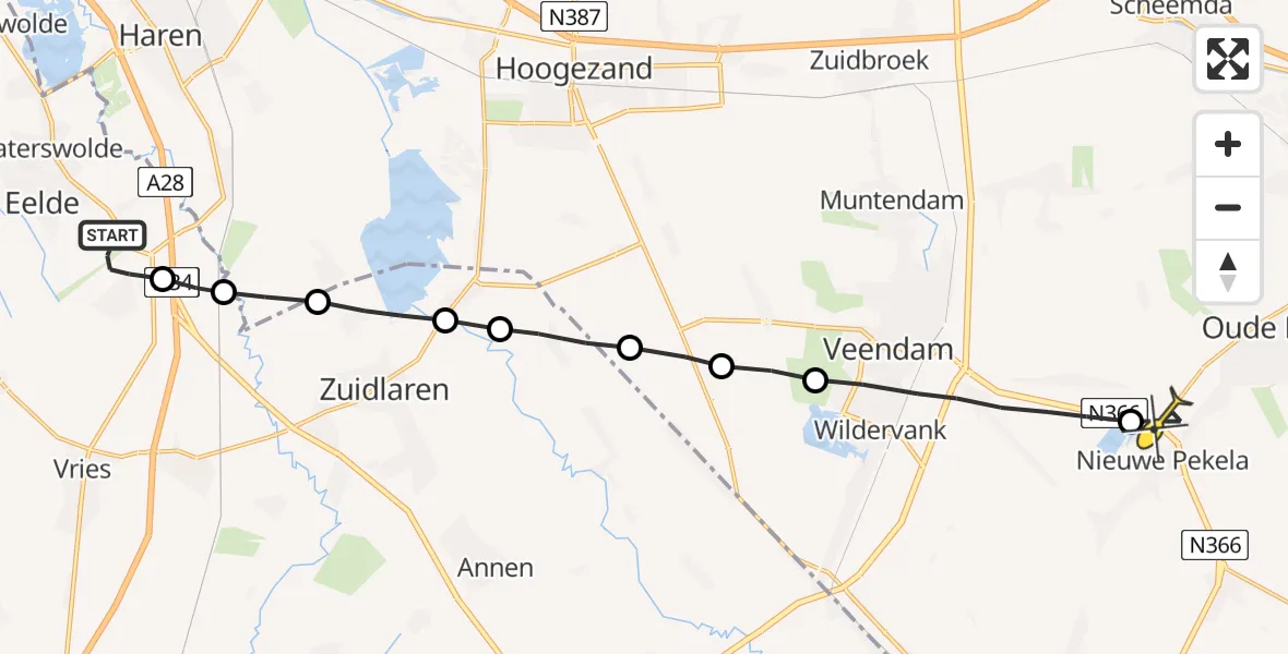 Routekaart van de vlucht: Lifeliner 4 naar Nieuwe Pekela