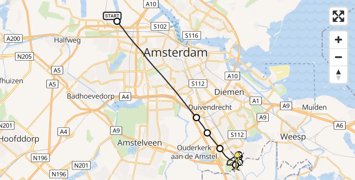 Routekaart van de vlucht: Traumaheli naar Academisch Medisch Centrum (AMC)